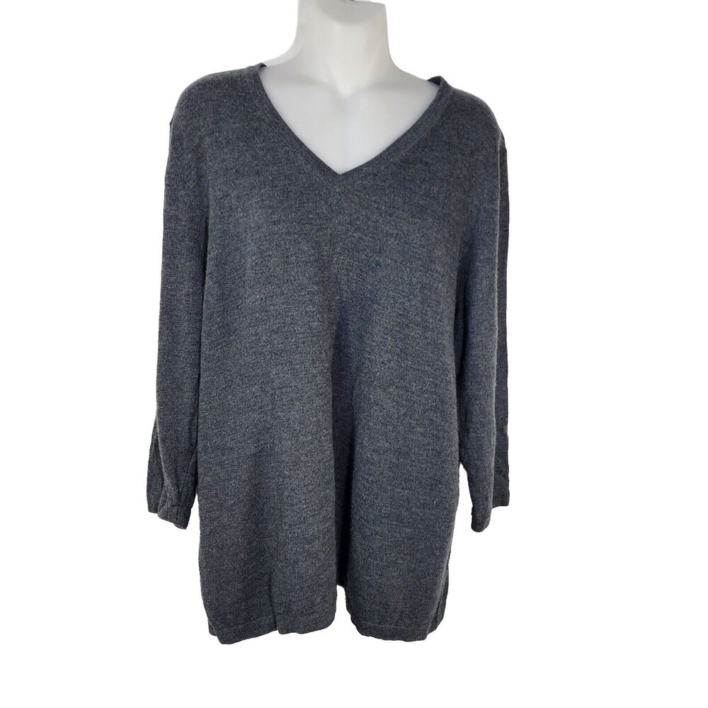 Kate Hill Women Sweater Size 1X V Neck 100% Merino Wool Gray Pullover 3/4 Sleeve
